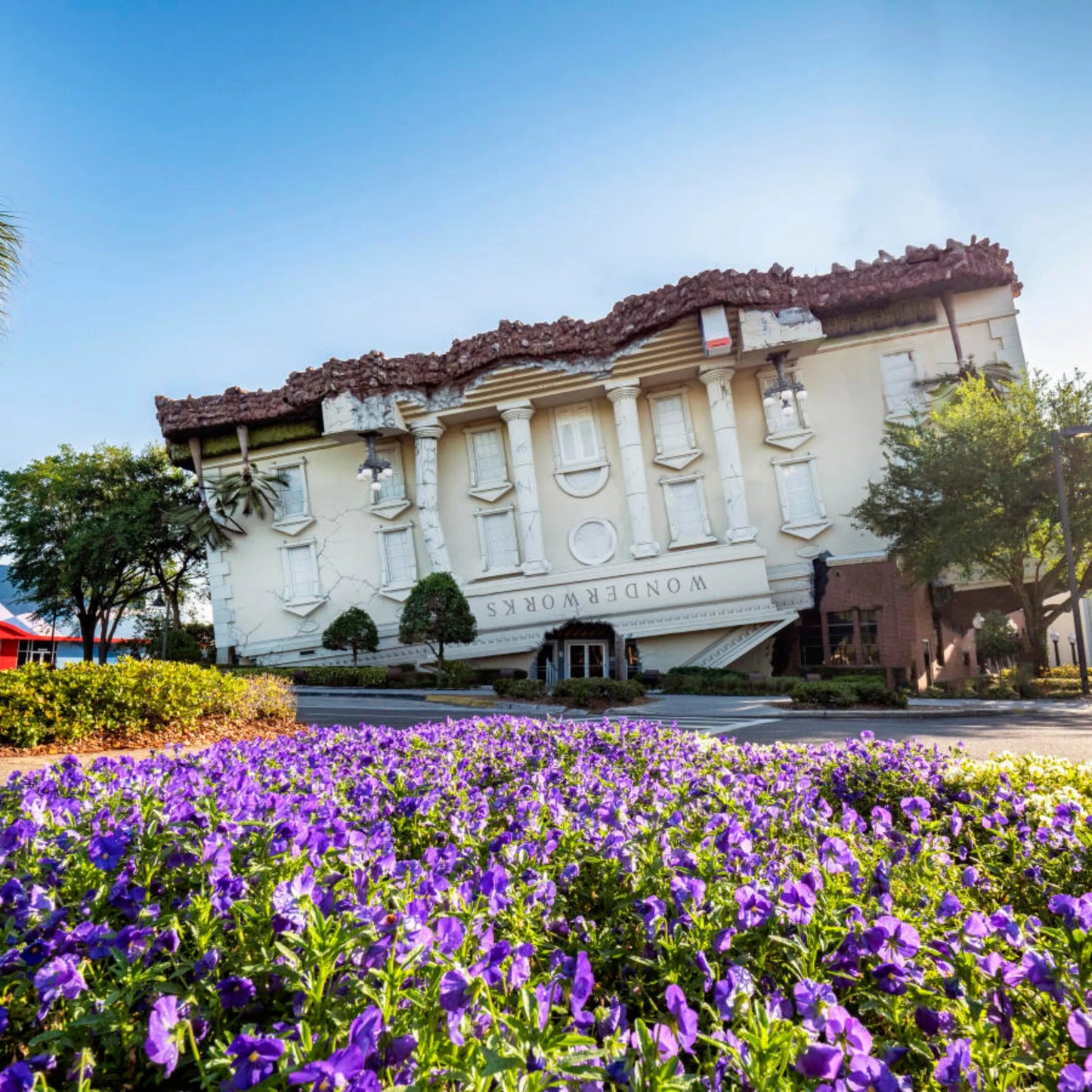 Exterior of Wonder Works Orlando. It looks like the building as been flipped upside down.