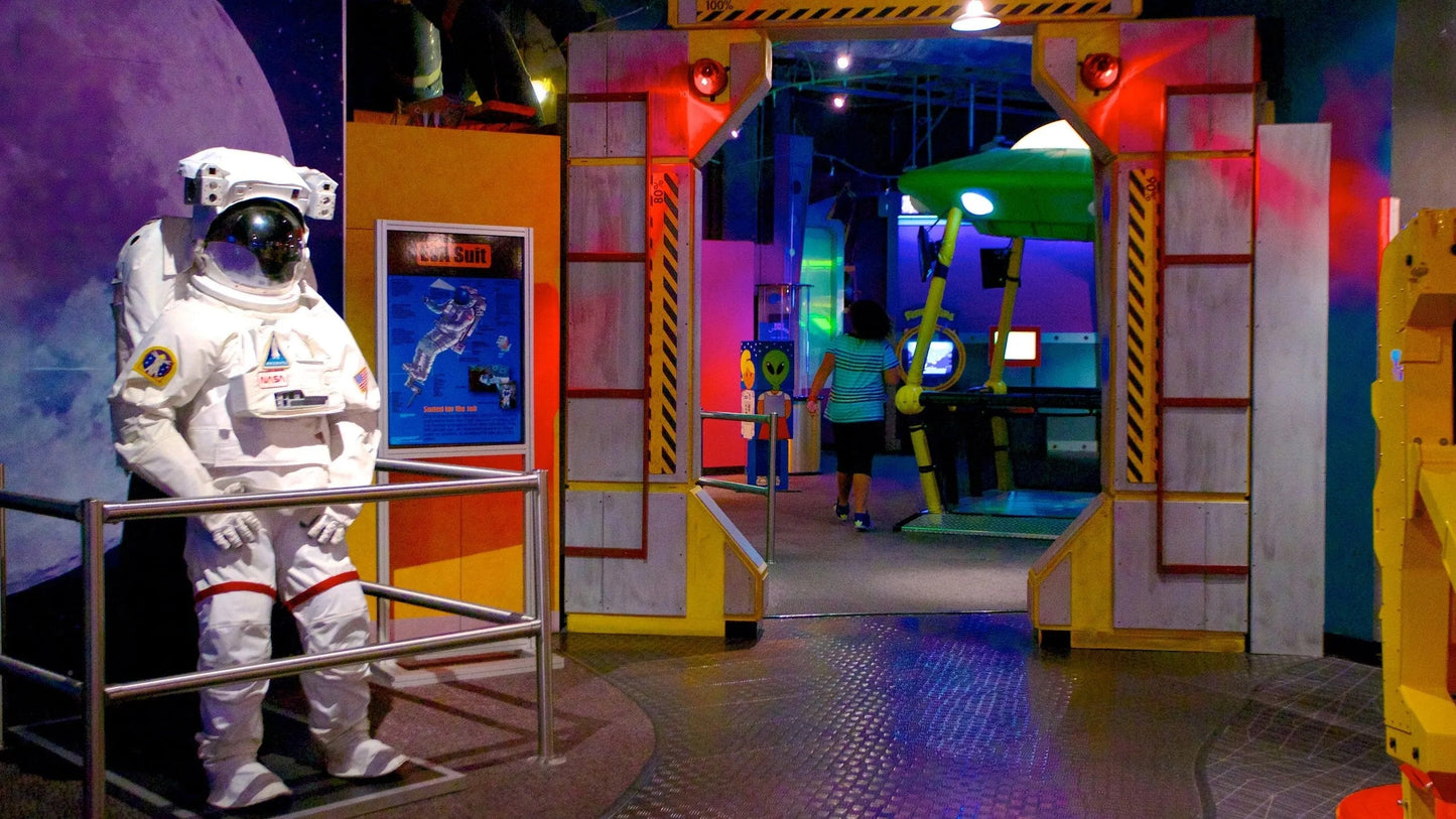 An Astronaut at Wonder Works Orlando. This is part science attraction park theme park.