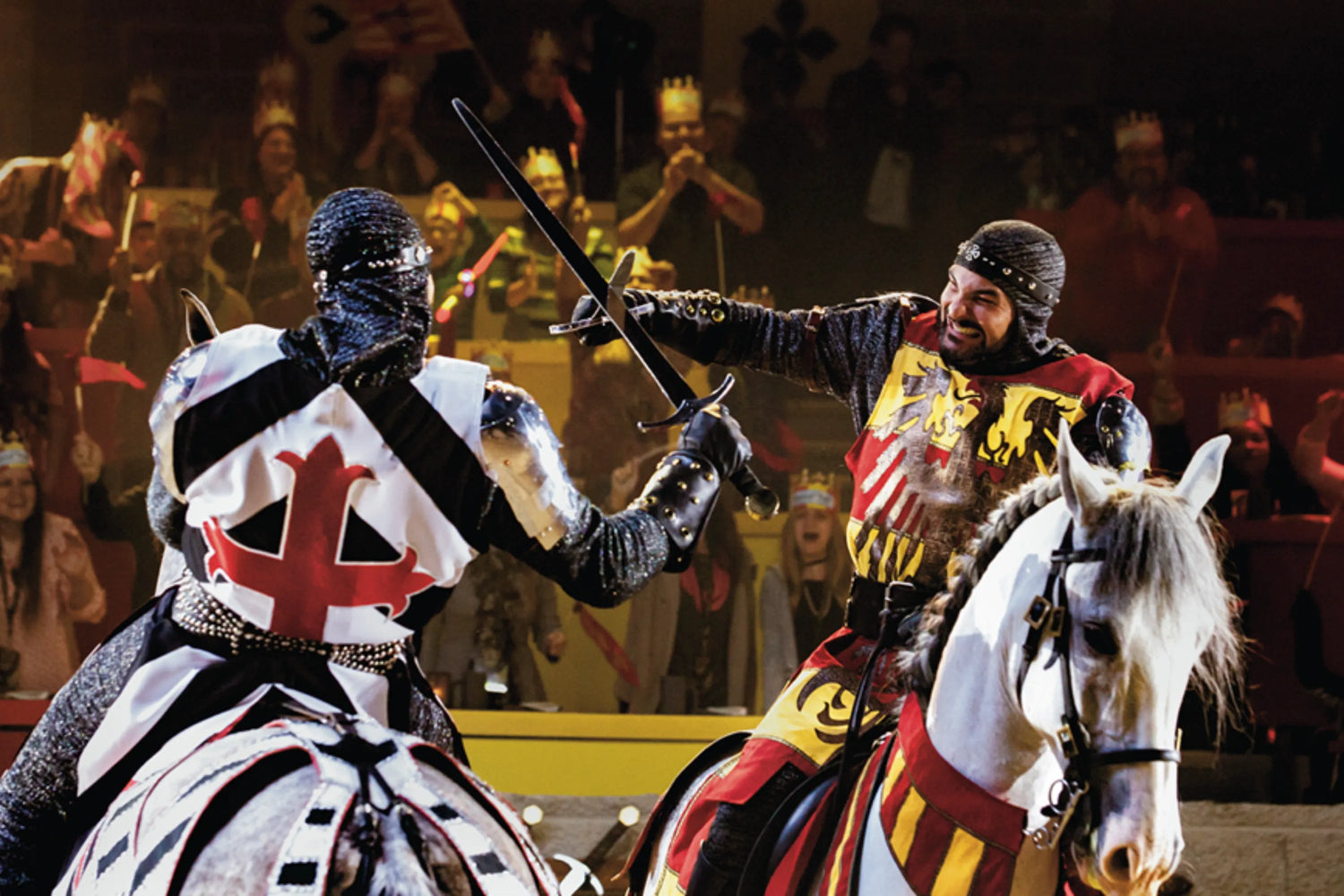 Medieval Times Orlando Dinner show features gladiators fighting on horseback.