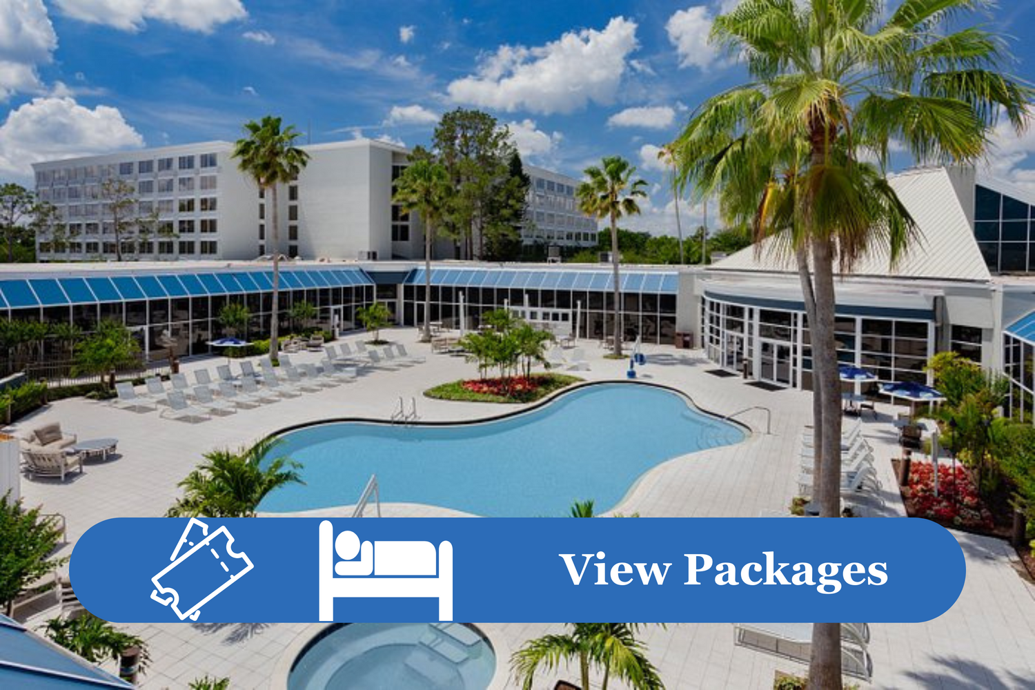 Hotel with Pool and Palm Trees and Banner stating view packages